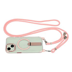 Σκληρή Πλάτη PC+TPU για iPhone 15 σε Ροζ χρώμα με μαγνητικό δαχτυλίδι, αναδιπλούμενο Stand και αποσπώμενο λουράκι ώμου 150cm.