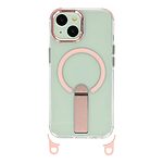 Σκληρή Πλάτη PC+TPU για iPhone 15 σε Ροζ χρώμα με μαγνητικό δαχτυλίδι, αναδιπλούμενο Stand και αποσπώμενο λουράκι ώμου 150cm.