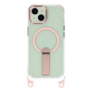 Σκληρή Πλάτη PC+TPU για iPhone 15 σε Ροζ χρώμα με μαγνητικό δαχτυλίδι, αναδιπλούμενο Stand και αποσπώμενο λουράκι ώμου 150cm.