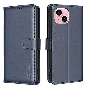 Flip Πορτοφόλι από Συνθετικό Δέρμα (PU) για iPhone 15 από BINFEN COLOR BF32 σε Μπλε χρώμα με RFID προστασία, Wallet και Stand.
