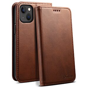 Flip Πορτοφόλι από Συνθετικό Δέρμα (PU) με TPU για iPhone 15 από SUTENI Calf Texture σε Καφέ χρώμα με θήκες καρτών και βάση στήριξης.