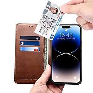 Flip Πορτοφόλι από Συνθετικό Δέρμα (PU) με TPU για iPhone 15 από SUTENI Calf Texture σε Καφέ χρώμα με θήκες καρτών και βάση στήριξης.