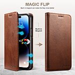 Flip Πορτοφόλι από Συνθετικό Δέρμα (PU) με TPU για iPhone 15 από SUTENI Calf Texture σε Καφέ χρώμα με θήκες καρτών και βάση στήριξης.