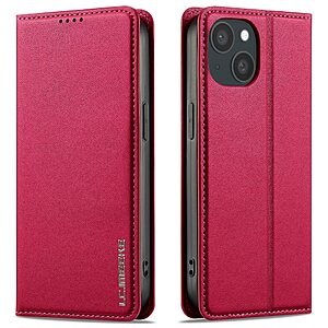 Flip Πορτοφόλι από Συνθετικό Δέρμα (PU) με TPU για iPhone 15 από LC.IMEEKE L1 Series σε Κόκκινο, με θήκες καρτών και ενσωματωμένη βάση στήριξης.