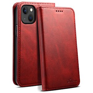 Flip Πορτοφόλι από Συνθετικό Δέρμα (PU) με TPU για iPhone 15 από SUTENI σε Κόκκινο χρώμα με θήκες καρτών και ενσωματωμένη βάση στήριξης.