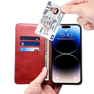 Flip Πορτοφόλι από Συνθετικό Δέρμα (PU) με TPU για iPhone 15 από SUTENI σε Κόκκινο χρώμα με θήκες καρτών και ενσωματωμένη βάση στήριξης.