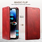 Flip Πορτοφόλι από Συνθετικό Δέρμα (PU) με TPU για iPhone 15 από SUTENI σε Κόκκινο χρώμα με θήκες καρτών και ενσωματωμένη βάση στήριξης.