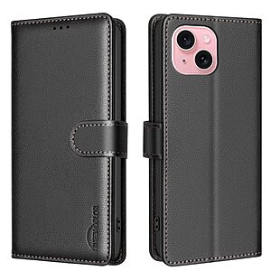 Flip Πορτοφόλι από Συνθετικό Δέρμα (PU) για iPhone 15 από BINFEN COLOR BF32 σε Μαύρο με RFID προστασία, Wallet και Stand.