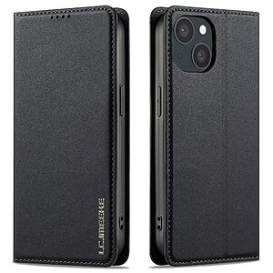 Flip Πορτοφόλι από Συνθετικό Δέρμα (PU) με TPU για iPhone 15 από LC.IMEEKE L1 Series σε Μαύρο χρώμα με θήκες καρτών και αναδιπλούμενη βάση στήριξης.