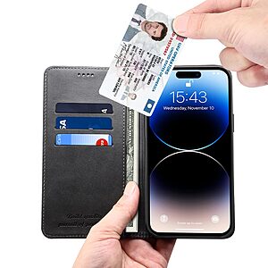 Flip Πορτοφόλι από Συνθετικό Δέρμα (PU) με TPU για iPhone 15 από SUTENI σε Μαύρο χρώμα με θήκες καρτών και ενσωματωμένο stand.