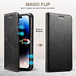 Flip Πορτοφόλι από Συνθετικό Δέρμα (PU) με TPU για iPhone 15 από SUTENI σε Μαύρο χρώμα με θήκες καρτών και ενσωματωμένο stand.