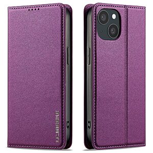 Flip Πορτοφόλι από Συνθετικό Δέρμα (PU) με TPU για iPhone 15 από LC.IMEEKE L1 Series σε Μωβ χρώμα με θήκες καρτών και αναδιπλούμενη βάση.