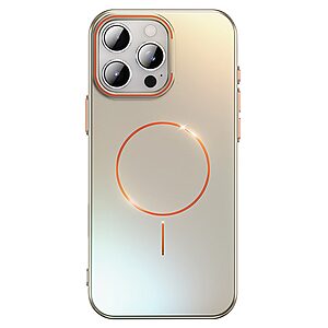 Σκληρή Πλάτη PC για iPhone 16 Pro Max σε Γκρι χρώμα με MagSafe και ενσωματωμένο Stand από χρυσό πλαίσιο φακού για hands-free προβολή.