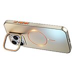 Σκληρή Πλάτη PC για iPhone 16 Pro Max σε Γκρι χρώμα με MagSafe και ενσωματωμένο Stand από χρυσό πλαίσιο φακού για hands-free προβολή.