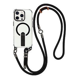 Σκληρή Πλάτη PC+TPU για iPhone 16 Pro Max από OEM σε Μαύρο χρώμα με MagSafe, ενσωματωμένο Stand και ρυθμιζόμενο λουράκι 220cm.