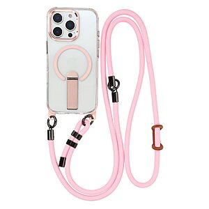Σκληρή Πλάτη PC+TPU για iPhone 16 Pro Max με MagSafe, ενσωματωμένο kickstand και ρυθμιζόμενο λουράκι 220cm σε Ροζ χρώμα.