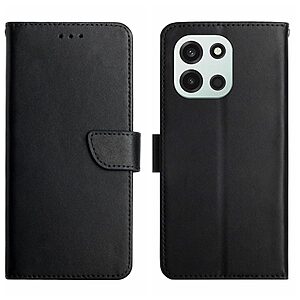 Flip Πορτοφόλι από Αυθεντικό Δέρμα για OnePlus Nord 6 5G σε Μαύρο χρώμα με θήκες καρτών, ρυθμιζόμενη βάση στήριξης και μαγνητικό κούμπωμα.