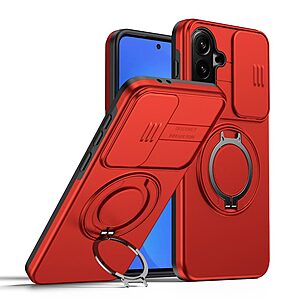 Σκληρή Πλάτη PC+TPU για Samsung Galaxy A37 5G από OEM σε Κόκκινο χρώμα, με περιστρεφόμενο Ring Stand, μαγνητικό κλείδωμα και συρόμενο κάλυμμα κάμερας.
