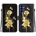 Flip Πορτοφόλι από Συνθετικό Δέρμα (PU) με TPU για Samsung Galaxy A37 5G σε Μαύρο/Χρυσό με θήκες καρτών, stand και λουράκι καρπού.