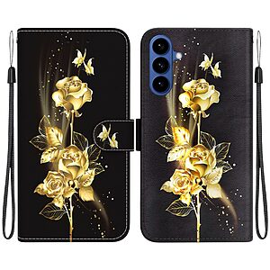 Flip Πορτοφόλι από Συνθετικό Δέρμα (PU) με TPU για Samsung Galaxy A37 5G σε Μαύρο/Χρυσό με θήκες καρτών, stand και λουράκι καρπού.