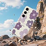 Πλάτη TPU για Samsung Galaxy A37 5G από OEM σε μπεζ χρώμα με μοτίβο μωβ λουλουδιών, υψηλής ποιότητας φινίρισμα και ανυψωμένα χείλη προστασίας κάμερας.