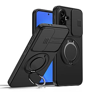 Σκληρή Πλάτη PC+TPU για Samsung Galaxy A57 5G από OEM σε Μαύρο χρώμα με περιστρεφόμενο Ring Stand, μαγνητικό κλείδωμα και sliding κάλυμμα κάμερας.
