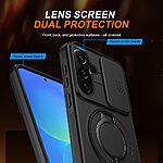Σκληρή Πλάτη PC+TPU για Samsung Galaxy A57 5G από OEM σε Μαύρο χρώμα με περιστρεφόμενο Ring Stand, μαγνητικό κλείδωμα και sliding κάλυμμα κάμερας.