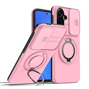 Σκληρή Πλάτη PC+TPU για Samsung Galaxy A57 5G σε Ροζ χρώμα με περιστρεφόμενο Ring Stand, συρόμενη κάλυψη κάμερας και μαγνητική σύνδεση.