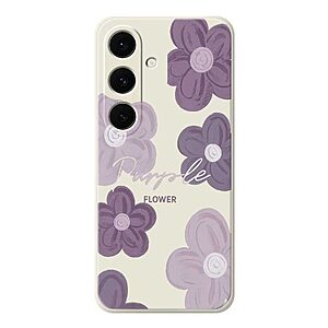 Πλάτη TPU για Samsung Galaxy A57 5G από OEM με μοτίβο μωβ λουλουδιών σε μπεζ χρώμα. Ίσιες άκρες, ανυψωμένο πλαίσιο κάμερας και αντιολισθητικό φινίρισμα.