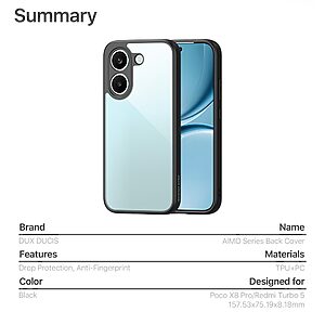 Σκληρή Πλάτη PC+TPU για το Xiaomi POCO X8 Pro 5G από τη σειρά DUX DUCIS Aimo Series σε Μαύρο χρώμα με διάφανη πλάτη υψηλής διαφάνειας.