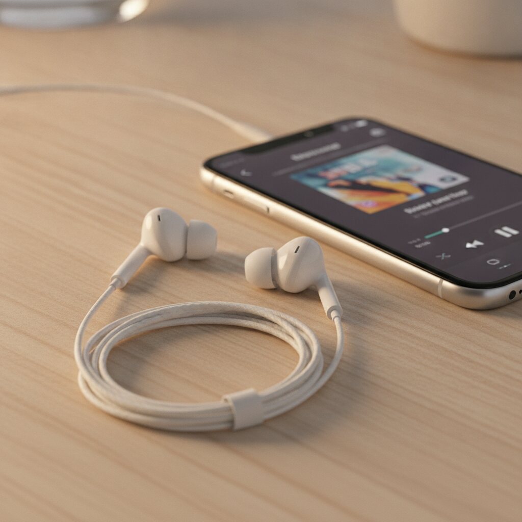 Κοντινό πλάνο σε ενσύρματα ακουστικά in-ear με καλώδιο δίπλα σε smartphone με ανοιχτή εφαρμογή μουσικής