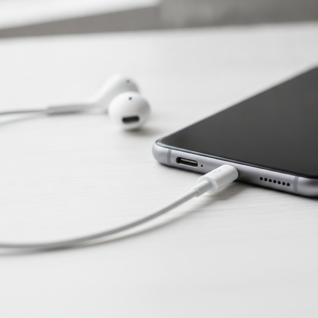 Ενσύρματα ακουστικά με βύσμα USB-C έτοιμα να συνδεθούν σε σύγχρονο κινητό χωρίς υποδοχή 3.5mm