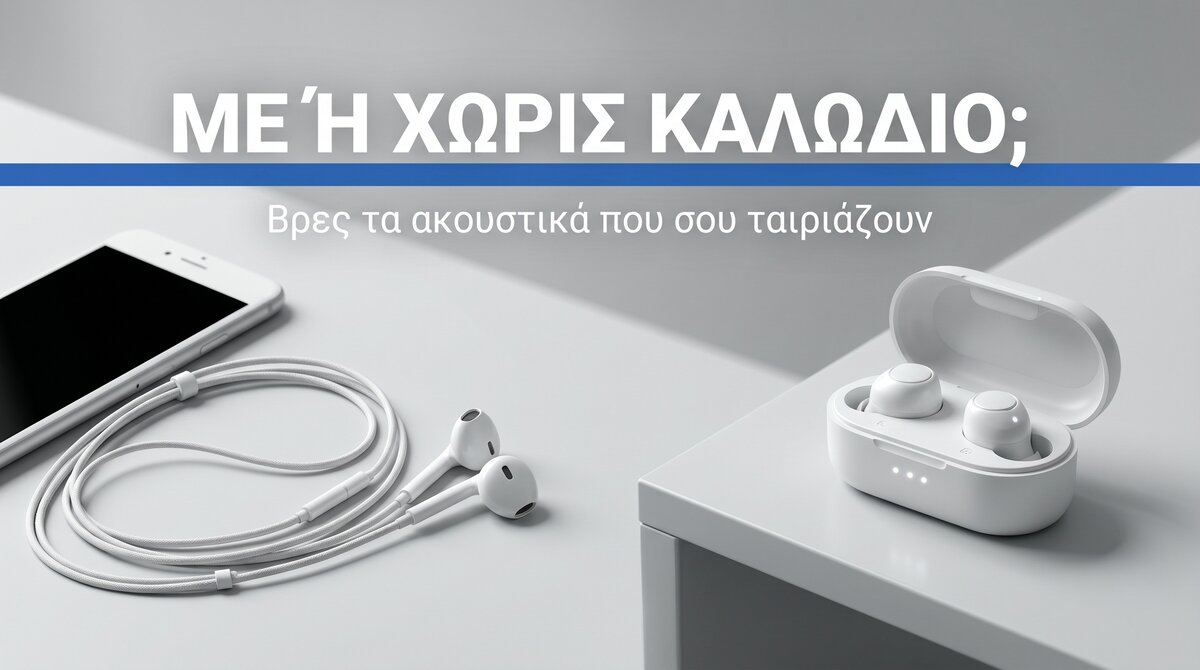 Ενσύρματα ή ασύρματα ακουστικά — σύγκριση δίπλα-δίπλα με καλωδιακά in-ear και ασύρματα earbuds με θήκη φόρτισης