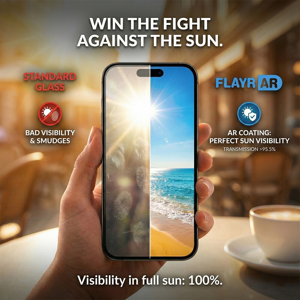 Flayr AR anti-glare tempered glass για iPhone 16 — τέλεια ορατότητα στον ήλιο χωρίς αντανακλάσεις