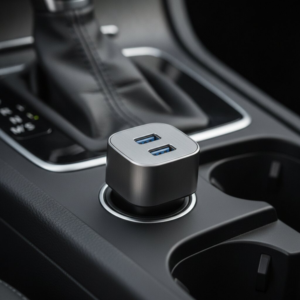 Ταχυφορτιστής αυτοκινήτου με θύρες USB-C και USB-A στην πρίζα του αναπτήρα