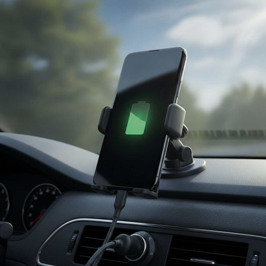 Smartphone σε βάση αυτοκινήτου που φορτίζει με καλώδιο USB-C στη διαδρομή