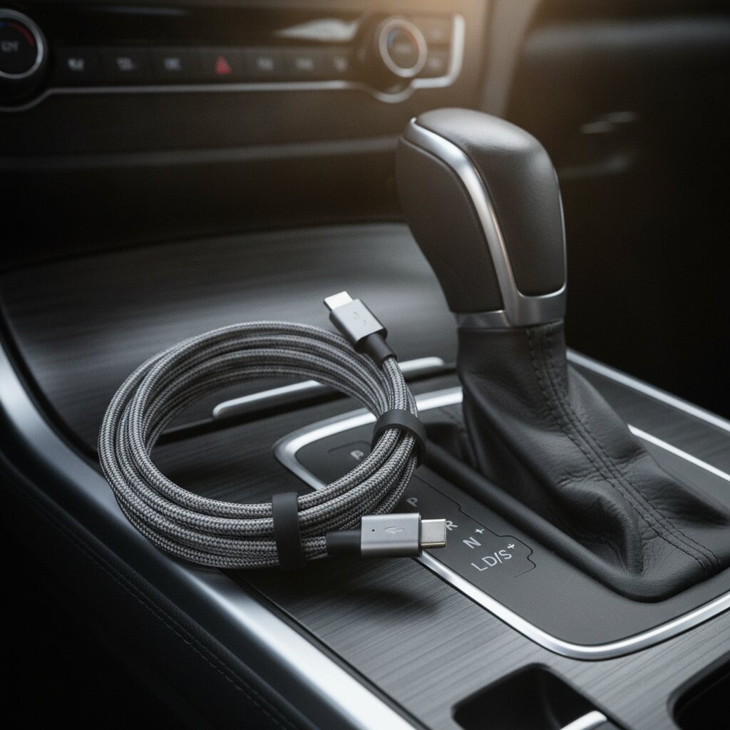 Πλεκτό καλώδιο USB-C τυλιγμένο στην κεντρική κονσόλα του αυτοκινήτου