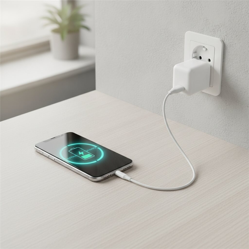 Smartphone σε ταχεία φόρτιση με φορτιστή τοίχου USB-C πάνω στο γραφείο
