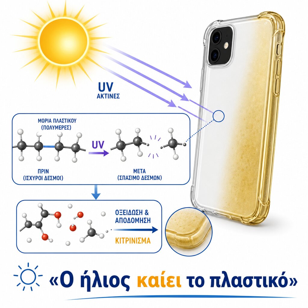 Γιατί Κιτρινίζει η Θήκη Σιλικόνης: Η Επιστήμη & Πώς να το Καθυστερήσεις 2 Η UV ακτινοβολία πυροδοτεί τη φωτο-οξείδωση που κιτρινίζει το TPU της θήκης.