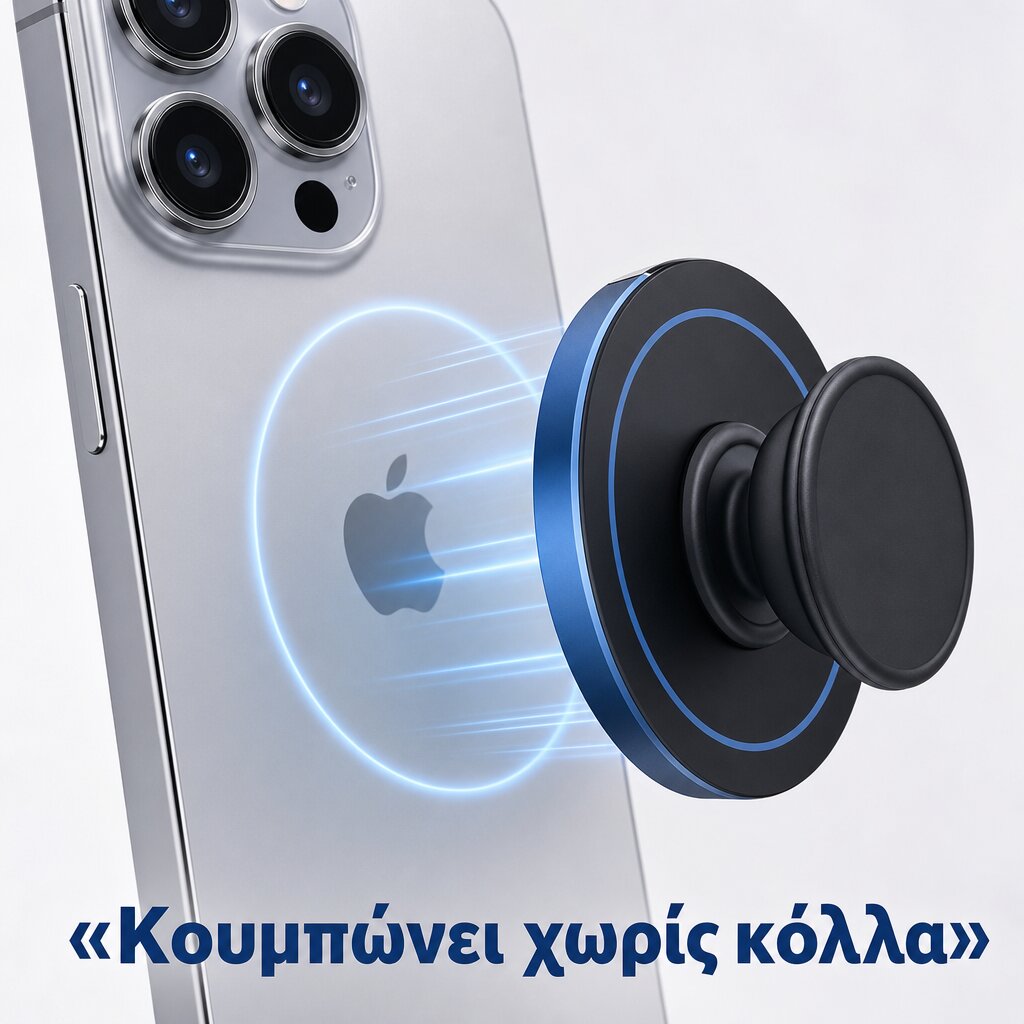 Μαγνητικό Δαχτυλίδι & MagSafe Grip: Ο Πλήρης Οδηγός Αγοράς 2 Το MagSafe grip κουμπώνει μαγνητικά στην πλάτη, χωρίς κόλλα.