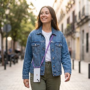 Θήκες κινητών Αξεσουάρ Alcatel 1s(2021) 46 Λουράκι λαιμού Μωβ φορεμένο - κινητό σε διαφανή θήκη crossbody
