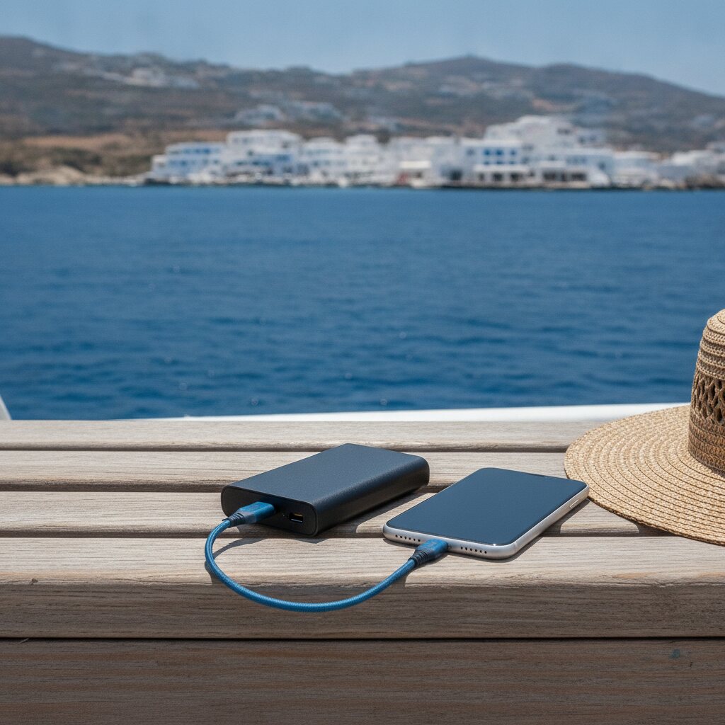Φόρτιση κινητού με power bank στο κατάστρωμα πλοίου για τα ελληνικά νησιά, μακριά από τον ήλιο