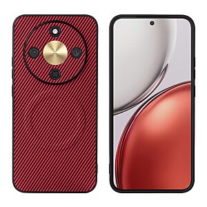 Πλάτη από Συνθετικό Δέρμα (PU) με PC για Honor Magic8 Lite 5G (OEM) σε Κόκκινο — υφή carbon fiber & μεταλλικός δακτύλιος για μαγνητική βάση αυτοκινήτου.
