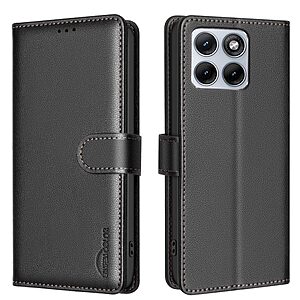 Flip Πορτοφόλι από Συνθετικό Δέρμα (PU) για Motorola Edge 70 Fusion 5G (BINFEN COLOR BF32) σε Μαύρο — RFID προστασία, 3 θήκες καρτών & βάση στήριξης για hands-free χρήση.