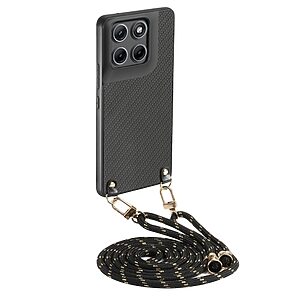 Πλάτη από Συνθετικό Δέρμα (PU) με TPU για Motorola Edge 70 Fusion 5G (OEM) σε Μαύρο με ρυθμιζόμενο λουράκι — ανθεκτική προστασία military-grade με υφή carbon fiber & hands-free μεταφορά.