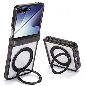 Θήκη Πολυκαρβονικού (PC) για Samsung Galaxy Z Flip8 5G (OEM) σε Μαύρο με περιστρεφόμενο Stand 360° — διάφανο πάνελ PC & προστασία μεντεσέ για hands-free χρήση.