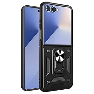 Σκληρή Πλάτη PC+TPU για Samsung Galaxy Z Flip8 5G (OEM) σε Μαύρο με περιστρεφόμενο Stand — στρατιωτική αντοχή σε πτώσεις & προστασία φακού κάμερας για καθημερινή χρήση.