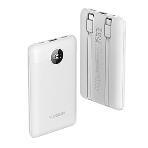 Λευκό power bank με έξυπνη ψηφιακή οθόνη και ενσωματωμένα καλώδια USB-C & Lightning - Φόρτισε μέχρι 3 συσκευές ταυτόχρονα χωρίς να κουβαλάς επιπλέον καλώδια, ιδανικό για καθημερινή χρήση