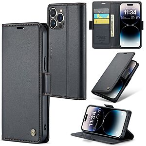 Flip Πορτοφόλι από Συνθετικό Δέρμα (PU) με TPU για iPhone 14 Pro (CASEME 023) σε Μαύρο — 3 θήκες καρτών, προστασία RFID & βάση stand.