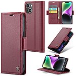 Flip Πορτοφόλι από Συνθετικό Δέρμα (PU) με TPU για iPhone 14 (CASEME 023) σε Κόκκινο — 3 θήκες καρτών, προστασία RFID & stand για hands-free προβολή.